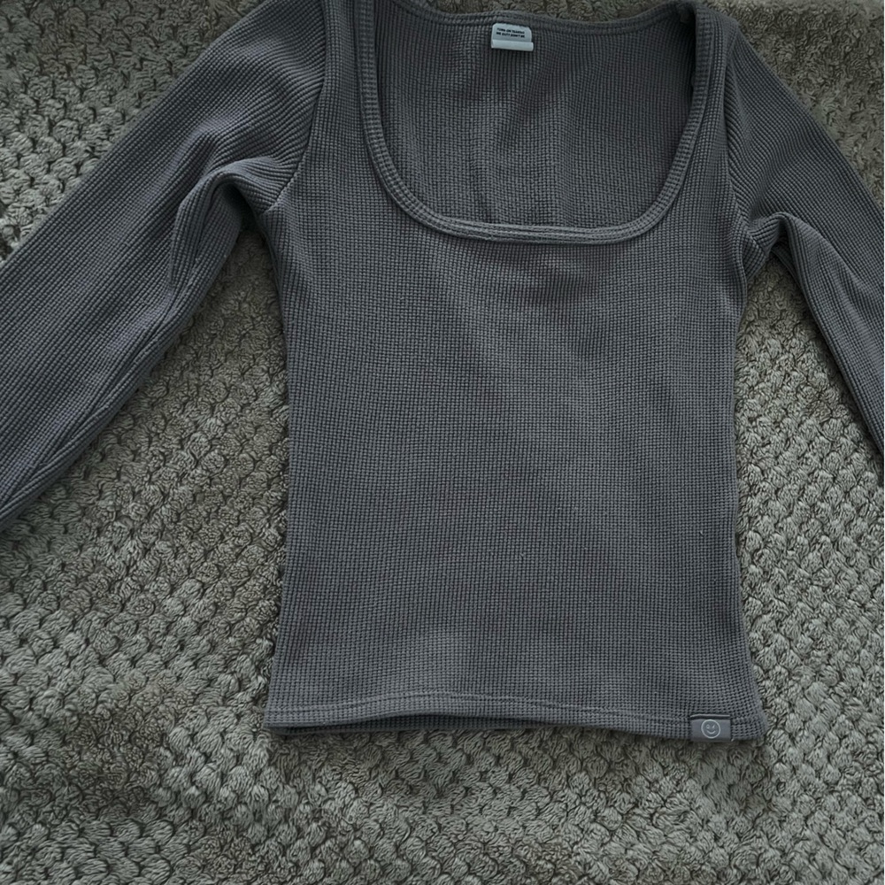 Gilly Hicks Gray Waffle Knit Square Neck Long Sleeve Top